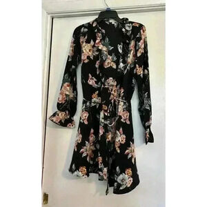 Gilli Black Floral Polyester Ruffled Color Wrap Around Small Dress Women's
